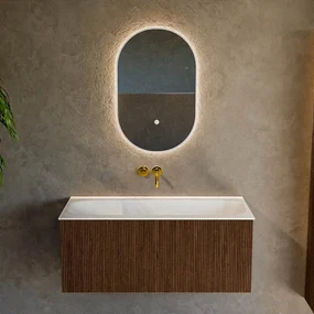 Mondiaz Kurve 100cm badmeubel walnut met 1 lade en wastafel big medium midden zonder kraangat