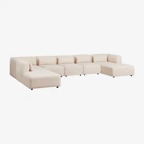 6-delige Chaise Longue Modulaire Bank Met Fogler Poef Chenille Crème Beige - Sklum