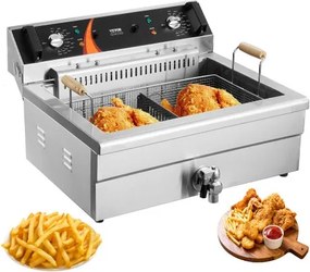 VEVOR Commerciële Frituurpan, 2250W Elektrische Frituurpan met Mand, Grote Capaciteit 20L Aanrecht Olie Frituurpan, Roestvrij Staal, Temperatuurregeling, Voor Keuken Restaurant Gebruik, Zilver