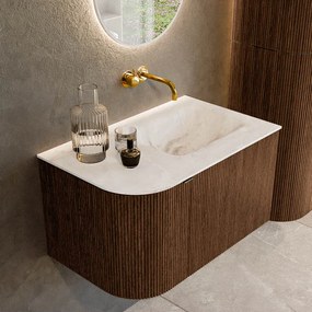 Mondiaz Kurve-dlux 75cm badmeubel ronding links walnut met 1 lade en deur en wastafel grunne rechts zonder kraangat frappe