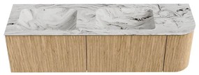 Mondiaz Kurve-dlux 155cm badmeubel ronding rechts oak met 2 lades en 1 deur en wastafel leaf dubbel/links zonder kraangat glace