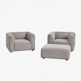 Woonkamerset Met 2 Fauteuils En Fogler Poef Corduroy Grijs – Taupe – Koel - Sklum