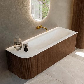 Mondiaz Kurve-dlux 135cm badmeubel ronding links walnut met 1 lade en deur en wastafel big medium rechts zonder kraangat opalo