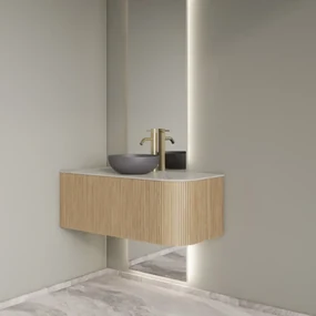 Gliss Design Alluro badmeubel ribbelfront met ronding rechts 100cm mist en wit marmer toppaneel