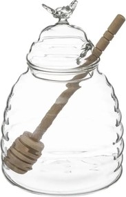 Transparante Glazen Pot voor Honing met Eikenhouten Lepel - Voedselveilig - Vaatwasserbestendig