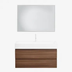 Badkamermeubelset Van Hout En Essenhoutfineer Met Geïntegreerde Wastafel Ona Donker Hout & Rechthoekige Led En Anticondens 100x70 Cm Tamsin - Sklum