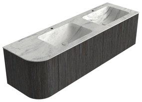 Mondiaz Kurve-dlux 155cm badmeubel ronding links shadow met 2 lades en 1 deur en wastafel leaf dubbel/rechts 2 kraangaten opalo