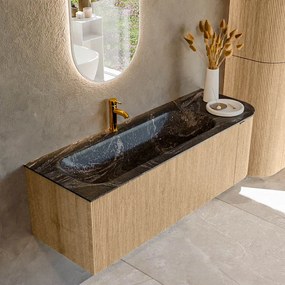 Mondiaz Kurve-dlux 135cm badmeubel ronding rechts oak met 1 lade en deur en wastafel big medium kraangat links lava