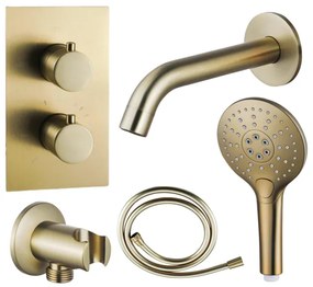 Fortifura Calvi Badkraan set - uitloop - 22cm inkortbaar - gladde slang - ronde handdouche - inbouwdeel - wandhouder - geborsteld messing SW720569/SW728176/SW799451/SW1122513/SW720570