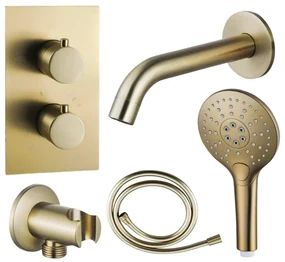 Fortifura Calvi Badkraan set - uitloop - 22cm inkortbaar - gladde slang - ronde handdouche - inbouwdeel - wandhouder - geborsteld messing SW720569/SW728176/SW799451/SW1122513/SW720570