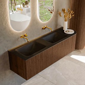 Mondiaz Kurve 155cm badmeubel ronding rechts walnut met 2 lades en 1 deur en wastafel cloud dubbel/links zonder kraangat urban