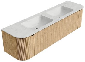 Mondiaz Kurve-dlux 170cm badmeubel ronding links/rechts oak met 1 lade en 2 deuren en wastafel leaf dubbel 2 kraangaten opalo