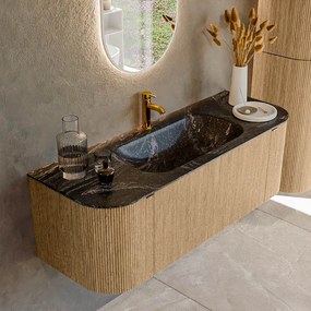 Mondiaz Kurve-dlux 130cm badmeubel ronding links/rechts oak met 1 lade en 2 deuren en wastafel big small midden 1 kraangat lava