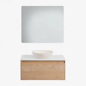Tedrik Badkamermeubelset In Essenhout Ash Brown & Rond Cement Wit Ø40 Cm Zavion & Rechthoekige Led En Anticondens 80x70 Cm Gualar & Zonder Kraan -