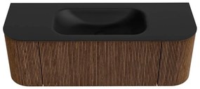 Mondiaz Kurve 130cm badmeubel ronding links/rechts walnut met 1 lade en 2 deuren en wastafel big small midden zonder kraangat urban