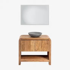 Vacry Acaciahouten Badkamermeubelset Acacia Bruin & Rond Grijs Cement Ø40 Cm Tarsis & Rechthoekige Led En Anticondens 100x70 Cm Tamsin & Zonder -