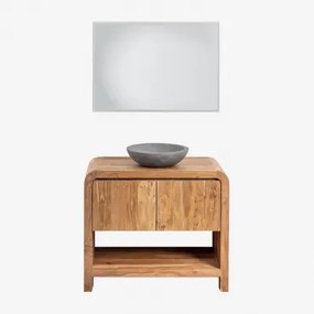 Vacry Houten Badkamermeubelset Acacia Bruin & Rond Grijs Cement Ø40 Cm Tarsis & Rechthoekige Led En Anticondens 100x70 Cm Riben & Zonder Kraan & ! -