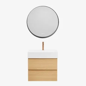 Badkamermeubelset Van Hout En Essenhoutfineer Met Geïntegreerde Wastafel Ona Natuurlijk Hout & Round Led And Antifog Zwart Ø80 - Sklum