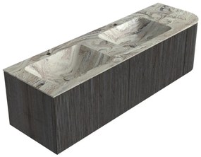 Mondiaz Kurve-dlux 155cm badmeubel ronding rechts shadow met 2 lades en 1 deur en wastafel leaf dubbel/links 2 kraangaten glace