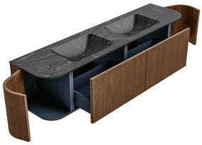 Mondiaz Kurve-dlux 180cm badmeubel ronding links/rechts walnut met 2 lades en deuren en wastafel leaf dubbel zonder kraangat lava
