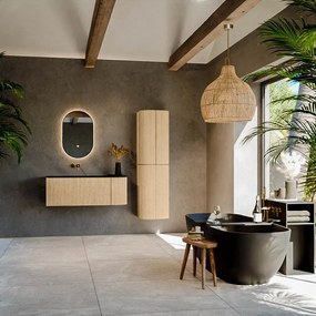 Mondiaz Kurve 115cm badmeubel ronding rechts oak met 1 lade en deur en wastafel big small links zonder kraangat urban