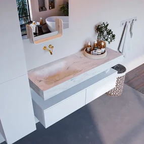 Mondiaz Alan DLux badmeubel 130cm talc 2 lades met wastafel opalo links zonder kraangat