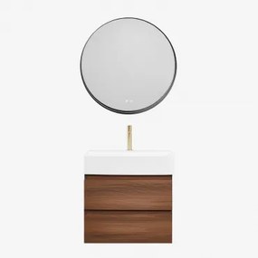 Badkamermeubelset Van Hout En Essenhoutfineer Met Geïntegreerde Wastafel Ona Donker Hout & Round Led And Antifog Zwart Ø80 Cm Kimacs - Sklum