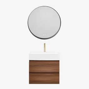 Badkamermeubelset Van Hout En Essenhoutfineer Met Geïntegreerde Wastafel Ona Donker Hout & Round Led And Antifog Zwart Ø80 Cm Kimacs - Sklum