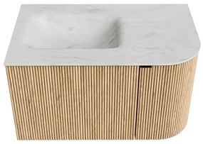 Mondiaz Kurve-dlux 75cm badmeubel ronding rechts oak met 1 lade en deur en wastafel grunne links zonder kraangat opalo