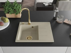 Mexen Ben granitische spoelbak met 1 bak en afdruiprek, links, 600 x 500 mm, beige, gouden sifon - 6522605000-69-G