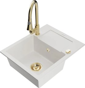 Mexen Enzo granitische spoelbak met 1 bak met afdruiprek en keukenmengkraan Elia, wit - 6506-20-670101-50