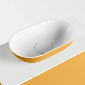Mondiaz Fowy toiletmeubel 50cm ocher met gele waskom links en kraangat