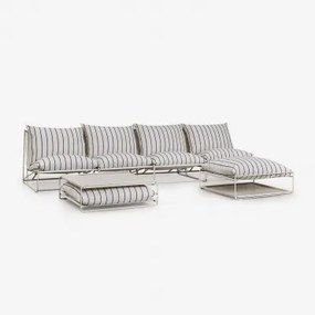 Tuinset Met 4-delige Modulaire Bank, Bijzettafel En Omvormbare Poef Amaro Tapioca Beige - Marine Blauw - Sklum