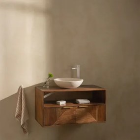 Baty Mangohouten Badkamermeubelset Mangohout & Rond Cement Wit Ø40 Cm Zavion & Spiegelloze & Wit ↑30 Cm Met Aftapkraan Zonder Overloop Alameda - Sklum