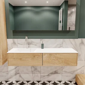 Lush onderkast 150cm in kleur WASHED OAK met 2 lades Push tot open geschikt voor linkse wastafel. Compleet met solid surface wastafel cloud M35217met 1 kraangat(en)