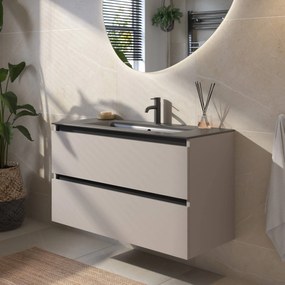 Saqu Gaia voorgemonteerd badmeubel met zwarte greeplijst incl. mat zwarte keramische wastafel 101x46cm mat greige