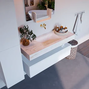 Mondiaz Alan DLux badmeubel 120cm talc 1 lade met wastafel ostra midden zonder kraangat