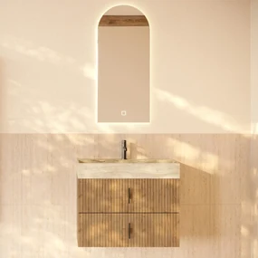 Muebles Murcia badmeubel ribbelfront 80cm eiken met White Travertin wastafel met kraangat