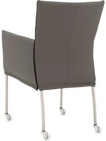Goossens Eetkamerstoel Funk RVS Poten grijs leer met armleuning en met wielenTransparant skater wiel met rvs kap, modern design