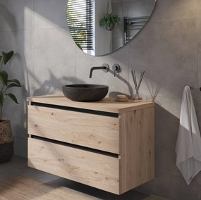 Saqu Gaia badmeubel incl. afdekblad 100x51x62cm naturel eiken – zwarte greeplijst