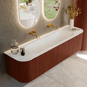 Mondiaz Kurve-dlux 170cm badmeubel ronding links/rechts ruby met 1 lade en 2 deuren en wastafel big large midden zonder kraangat opalo