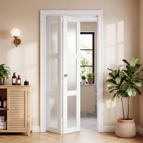 VEVOR vouwdeur complete set 762 mm (twee 381 mm) x 2032 mm matglas, voor kledingkasten en slaapkamers, dubbele vouwschuifdeur met metalen beslag en composiet frame, stijlvol en ruimtebesparend, wit