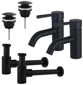 Fortifura Calvi Wastafelkraanset - voor dubbele wastafel - lage wastafelkraan - klikwaste plug - verlaagde design sifon - Mat zwart 2x SW377833/2x SW696199/2x SW696215