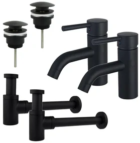 Fortifura Calvi Wastafelkraanset - voor dubbele wastafel - lage wastafelkraan - klikwaste plug - verlaagde design sifon - Mat zwart 2x SW377833/2x SW696199/2x SW696215