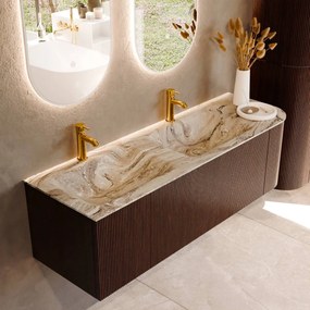 Mondiaz Kurve-dlux 145cm badmeubel ronding rechts ruby met 1 lade en deur en wastafel leaf dubbel/links 2 kraangaten glace