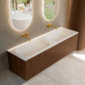 Mondiaz Kurve 150cm badmeubel walnut met 2 lades en wastafel big small dubbel zonder kraangat