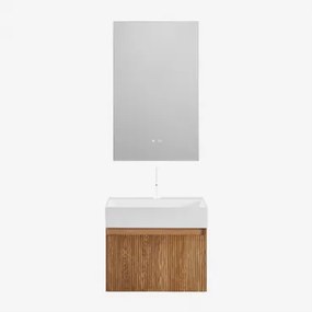 Conjunto Vaniteitmeubel Zwevend Van Hout Met Geïntegreerde Wastafel Aldeia Ash Brown & Wit ↑20 Cm Met Aftapkraan Zonder Overloop Orveta & Rectangular