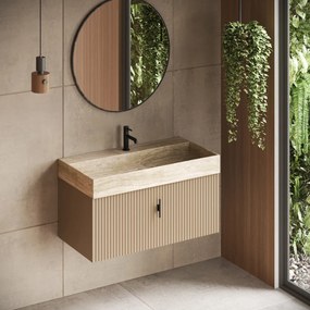 Muebles Zahora badmeubel ribbelfront 100cm macchiato met White Travertin wastafel met kraangat