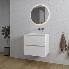 Adema Chaci Badkamermeubelset - 60x46x57cm - 1 keramische wasbak wit - zonder kraangaten - 2 lades - ronde spiegel met verlichting - mat wit SW1212762/SW773925/SW108325