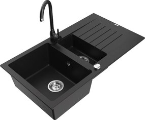 Mexen Matias granieten gootsteen 1,5-kamers met afdruiprek en keukenmengkraan Telma, zwart - 6502-77-670200-70